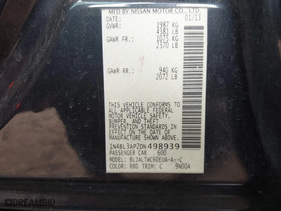 2013 Nissan Altima 3.5 SL with VIN 1N4BL3AP2DN498939, listed as a IAAI auction lot 41721607 with 119,507 mi miles. Bid and sale history available at carsss.com. Image 9.