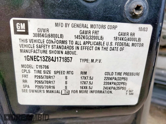 2004 Chevrolet Tahoe LT z VIN 1GNEC13Z84J171857, wystawiony jako Copart lot #57993315 z przebiegiem 239 893 mil mil oraz Szkoda całkowita • Salvage title. Historia ofert i sprzedaży dostępna na DreamBid. Obrazek 13.