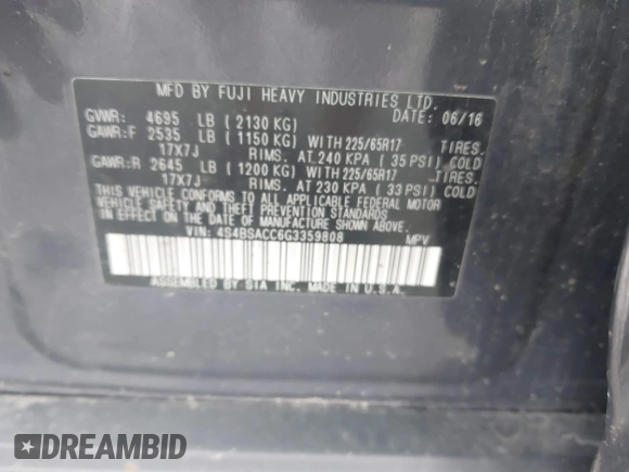 2016 Subaru Outback Premium with VIN 4S4BSACC6G3359808, listed as a IAAI auction lot 42679714 with 189,736 mi miles and . Bid and sale history available at DreamBid. Image 9.
