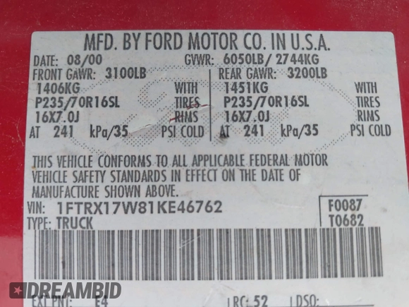 2001 Ford F-150 XL z VIN 1FTRX17W81KE46762, wystawiony jako IAAI lot #42331946 z przebiegiem Nie podano mil oraz . Historia ofert i sprzedaży dostępna na DreamBid. Obrazek 9.