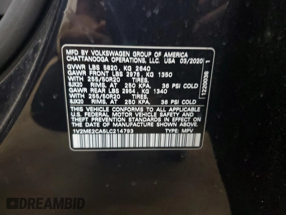 2020 Volkswagen Atlas SEL with VIN 1V2ME2CA5LC214793, listed as a Copart auction lot 55826735 with 55,654 mi miles and Salvage title. Bid and sale history available at DreamBid. Image 13.