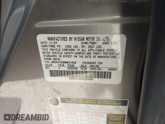 2008 Infiniti M with VIN JNKAY01E88M601828, listed as a IAAI auction lot 41949517 with Not Provided miles and . Bid and sale history available at DreamBid. Image 9.
