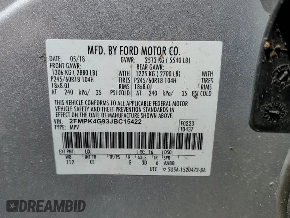 2018 Ford Edge SE with VIN 2FMPK4G93JBC15422, listed as a Copart auction lot 58039145 with 115,999 mi miles and Salvage title. Bid and sale history available at DreamBid. Image 13.