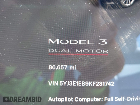 2019 Tesla Model 3 Long Range with VIN 5YJ3E1EB9KF231742, listed as a IAAI auction lot 42114608 with 86,657 mi miles and . Bid and sale history available at DreamBid. Image 16.