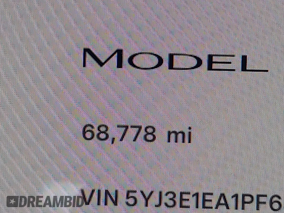 2023 Tesla Model 3 with VIN 5YJ3E1EA1PF655558, listed as a IAAI auction lot 41668827 with 68,778 mi miles and . Bid and sale history available at carsss.com. Image 15.