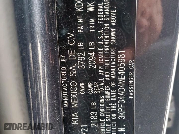 2021 Kia Forte GT-Line с VIN 3KPF34AD4ME405981, выставлен на аукционе Copart как лот 59432195 с пробегом 47 019 миль миль и Списание • Salvage title. История ставок и продаж доступна на DreamBid. Изображение 12.
