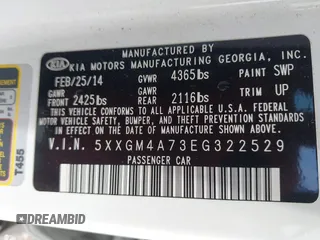 2014 Kia Optima LX with VIN 5XXGM4A73EG322529, listed as a IAAI auction lot 42610691 with 149,546 mi miles and . Bid and sale history available at DreamBid. Image 9.