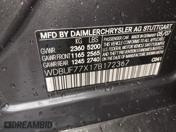 2007 Mercedes-Benz E 63 AMG with VIN WDBUF77X17B172367, listed as a IAAI auction lot 41712525 with 144,100 mi miles and . Bid and sale history available at carsss.com. Image 9.