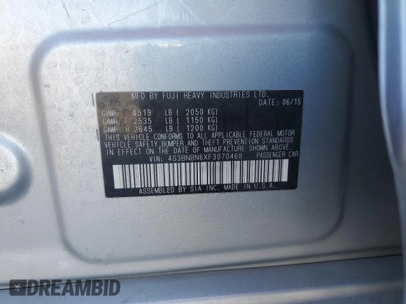 2015 Subaru Legacy 2.5i Limited with VIN 4S3BNBN6XF3070468, listed as a Copart auction lot 46675495 with 187,865 mi miles and Salvage Title. Bid and sale history available at carsss.com. Image 14.