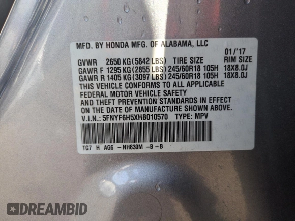 2017 Honda Pilot EX-L with VIN 5FNYF6H5XHB010570, listed as a Copart auction lot 49847335 with 103,800 mi miles and Salvage Title. Bid and sale history available at DreamBid. Image 13.