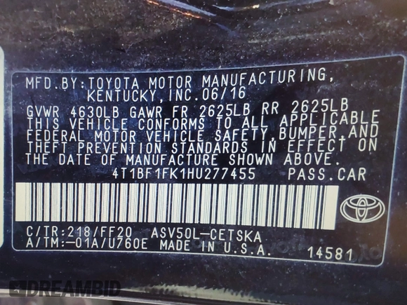 2017 Toyota Camry XLE z VIN 4T1BF1FK1HU277455, wystawiony jako IAAI lot #41441818 z przebiegiem 138 752 mil mil oraz . Historia ofert i sprzedaży dostępna na DreamBid. Obrazek 9.