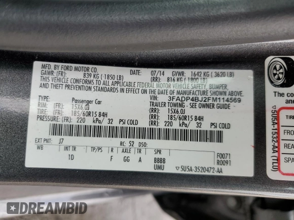 2015 Ford Fiesta SE z VIN 3FADP4BJ2FM114569, wystawiony jako Copart lot #56785265 z przebiegiem 71 045 mil mil oraz Szkoda całkowita • Salvage title. Historia ofert i sprzedaży dostępna na DreamBid. Obrazek 12.