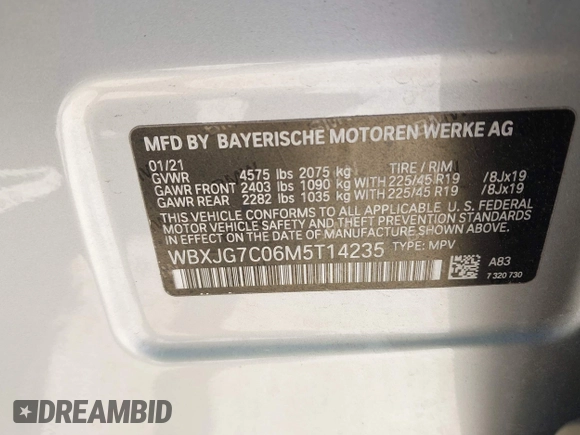2021 BMW X1 sDrive28i with VIN WBXJG7C06M5T14235, listed as a IAAI auction lot 42021762 with 53,384 mi miles and . Bid and sale history available at DreamBid. Image 9.