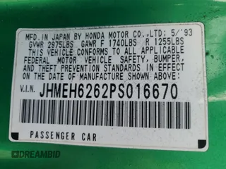 1993 Honda del Sol Si with VIN JHMEH6262PS016670, listed as a Copart auction lot 85052364 with 214,846 mi miles and Salvage Title. Bid and sale history available at carsss.com. Image 14.