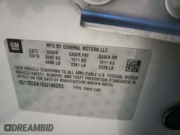 2016 Chevrolet Malibu Limited LTZ with VIN 1G11E5SA1GU149263, listed as a Copart auction lot 61823834 with 188,194 mi miles and Salvage Title. Bid and sale history available at carsss.com. Image 12.