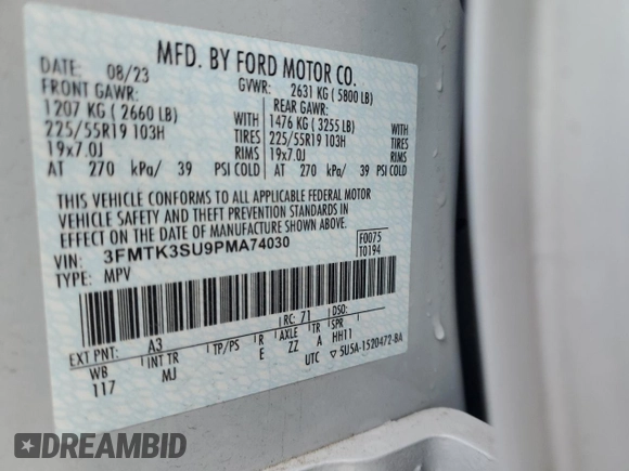 2023 Ford Mustang Mach-E Premium с VIN 3FMTK3SU9PMA74030, выставлен на аукционе Copart как лот 56693125 с пробегом 54 094 миль миль и На запчасти • Non repairable. История ставок и продаж доступна на DreamBid. Изображение 14.