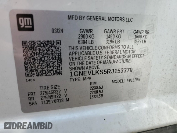 2024 Chevrolet Traverse AWD RS z VIN 1GNEVLKS5RJ153379, wystawiony jako Copart lot #54567905 z przebiegiem 19 977 mil mil oraz Szkoda całkowita • Salvage title. Historia ofert i sprzedaży dostępna na DreamBid. Obrazek 13.