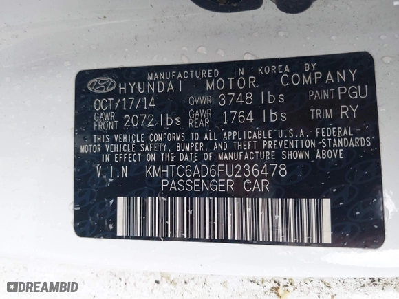 2015 Hyundai Veloster with VIN KMHTC6AD6FU236478, listed as a IAAI auction lot 41923285 with 120,079 mi miles. Bid and sale history available at carsss.com. Image 9.