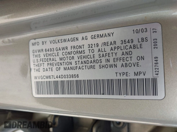 2004 Volkswagen Touareg with VIN WVGCM67L44D033856, listed as a IAAI auction lot 42142143 with 105,682 mi miles and . Bid and sale history available at DreamBid. Image 9.
