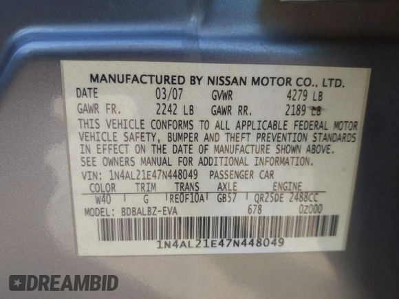 2007 Nissan Altima 2.5 with VIN 1N4AL21E47N448049, listed as a IAAI auction lot 41670529 with 253,355 mi miles. Bid and sale history available at carsss.com. Image 9.