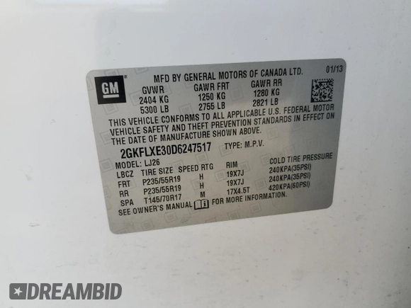 2013 GMC Terrain SLT z VIN 2GKFLXE30D6247517, wystawiony jako Copart lot #56022355 z przebiegiem 183 374 mil mil oraz Szkoda całkowita • Salvage title. Historia ofert i sprzedaży dostępna na DreamBid. Obrazek 13.