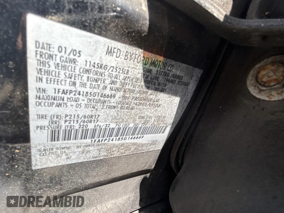 2005 Ford Five Hundred SEL z VIN 1FAFP24185G146669, wystawiony jako Copart lot #51990845 z przebiegiem Nie podano mil oraz Czysty tytuł • Clean title. Historia ofert i sprzedaży dostępna na DreamBid. Obrazek 10.