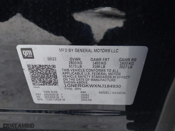2022 Chevrolet Traverse LT Cloth with VIN 1GNERGKWXNJ184930, listed as a IAAI auction lot 41386953 with 47,913 mi miles. Bid and sale history available at carsss.com. Image 9.