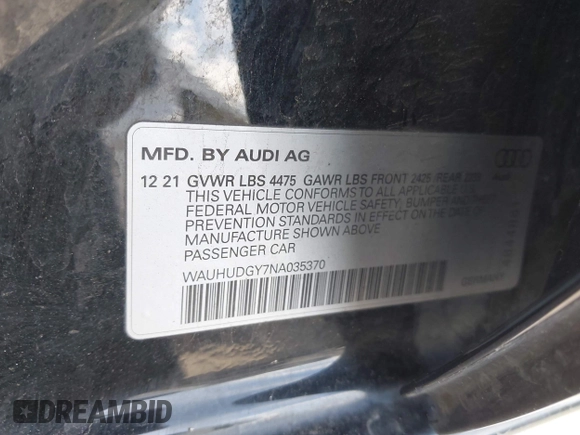 2022 Audi A3 Premium Plus z VIN WAUHUDGY7NA035370, wystawiony jako IAAI lot #42057595 z przebiegiem 47 227 mil mil oraz . Historia ofert i sprzedaży dostępna na DreamBid. Obrazek 9.