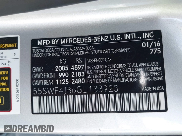 2016 Mercedes-Benz C C 300 with VIN 55SWF4JB6GU133923, listed as a IAAI auction lot 41720355 with 63,209 mi miles. Bid and sale history available at carsss.com. Image 9.