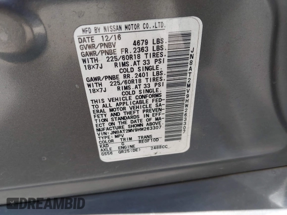 2017 Nissan Rogue S with VIN JN8AT2MV9HW263307, listed as a IAAI auction lot 42317181 with 114,445 mi miles and . Bid and sale history available at DreamBid. Image 9.