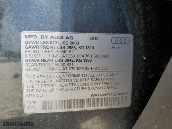 2018 Audi SQ5 Premium Plus with VIN WA1A4AFY7J2146620, listed as a Copart auction lot 57769854 with 64,493 mi miles and Non Repairable. Bid and sale history available at carsss.com. Image 13.