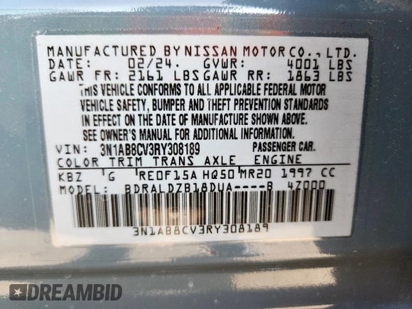 2024 Nissan Sentra SV with VIN 3N1AB8CV3RY308189, listed as a Copart auction lot 58358965 with 5,170 mi miles and Salvage title. Bid and sale history available at DreamBid. Image 13.