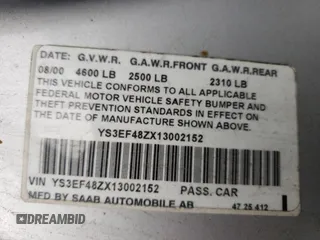 2001 Saab 9-5 SE with VIN YS3EF48ZX13002152, listed as a Copart auction lot 79365444 with 129,190 mi miles and Clean Title. Bid and sale history available at carsss.com. Image 12.