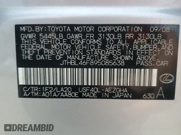 2009 Lexus LS 460 with VIN JTHBL46F895085638, listed as a Copart auction lot 60497755 with 165,748 mi miles and Salvage title. Bid and sale history available at DreamBid. Image 12.