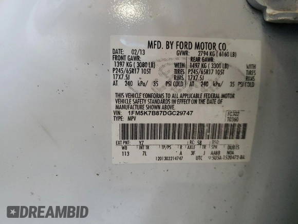 2013 Ford Explorer с VIN 1FM5K7B87DGC29747, выставлен на аукционе Copart как лот 58869165 с пробегом 146 298 миль миль и Списание • Salvage title. История ставок и продаж доступна на DreamBid. Изображение 14.