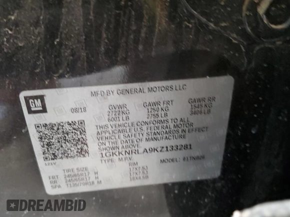 2019 GMC Acadia SLE z VIN 1GKKNRLA9KZ133281, wystawiony jako Copart lot #83076854 z przebiegiem 87 097 mil mil oraz Czysty tytuł • Clean title. Historia ofert i sprzedaży dostępna na DreamBid. Obrazek 13.