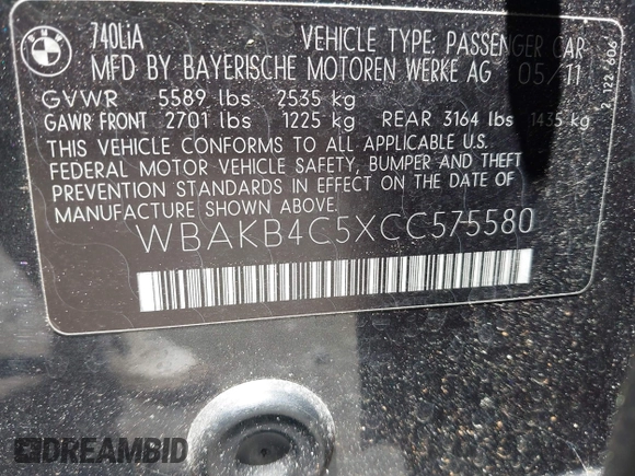 2012 BMW 7 Series 740Li with VIN WBAKB4C5XCC575580, listed as a IAAI auction lot 42658668 with 155,344 mi miles and . Bid and sale history available at DreamBid. Image 9.