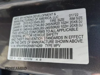 2022 Honda Pilot Special Edition with VIN 5FNYF5H26NB014269, listed as a IAAI auction lot 41239868 with 51,005 mi miles and . Bid and sale history available at carsss.com. Image 9.