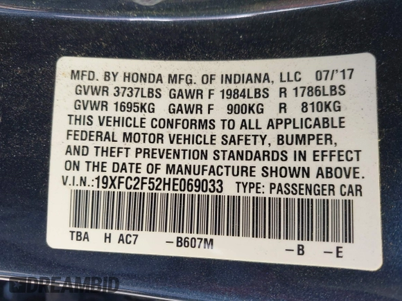 2017 Honda Civic LX with VIN 19XFC2F52HE069033, listed as a IAAI auction lot 41866390 with 68,050 mi miles and . Bid and sale history available at DreamBid. Image 9.