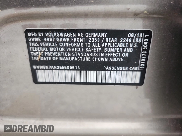 2014 Volkswagen CC Sport с VIN WVWBN7AN2EE509613, выставлен на аукционе Copart как лот 61609035 с пробегом 118 364 миль миль и Чистый • Clean title. История ставок и продаж доступна на DreamBid. Изображение 12.