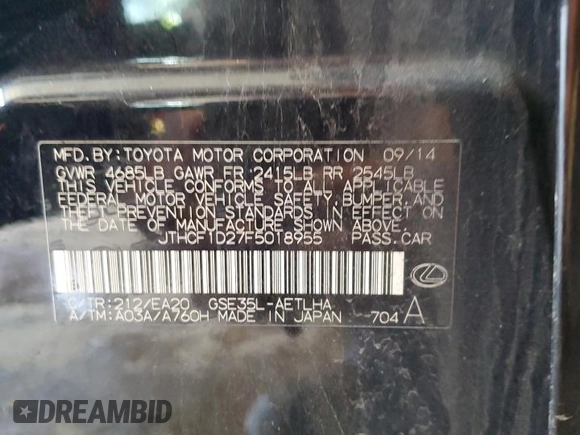 2015 Lexus IS 250 z VIN JTHCF1D27F5018955, wystawiony jako Copart lot #55792505 z przebiegiem 123 315 mil mil oraz Szkoda całkowita • Salvage title. Historia ofert i sprzedaży dostępna na DreamBid. Obrazek 12.