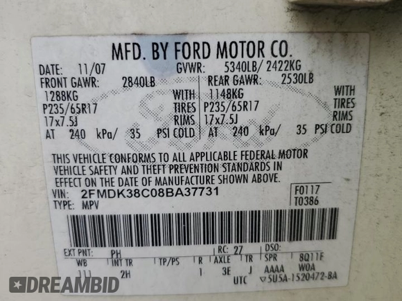 2008 Ford Edge SEL z VIN 2FMDK38C08BA37731, wystawiony jako Copart lot #55872035 z przebiegiem 196 943 mil mil oraz Szkoda całkowita • Salvage title. Historia ofert i sprzedaży dostępna na DreamBid. Obrazek 14.
