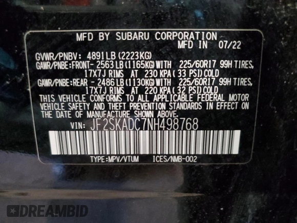 2022 Subaru Forester Premium z VIN JF2SKADC7NH498768, wystawiony jako Copart lot #50500395 z przebiegiem 31 695 mil mil oraz Czysty tytuł • Clean title. Historia ofert i sprzedaży dostępna na DreamBid. Obrazek 16.