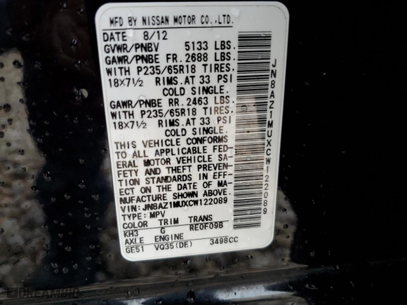 2012 Nissan Murano S with VIN JN8AZ1MUXCW122089, listed as a Copart auction lot 57263914 with 142,263 mi miles and Salvage Title. Bid and sale history available at carsss.com. Image 15.