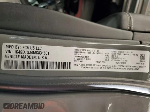 2021 Dodge Durango SRT 392 with VIN 1C4SDJGJ4MC831801, listed as a Copart auction lot 89108055 with 29,215 mi miles and Salvage title. Bid and sale history available at DreamBid. Image 13.