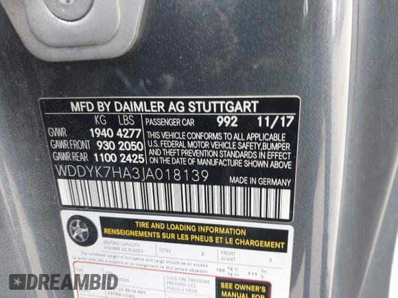 2018 Mercedes-Benz AMG GT AMG GT with VIN WDDYK7HA3JA018139, listed as a IAAI auction lot 41237934 with 28,901 mi miles and . Bid and sale history available at DreamBid. Image 9.
