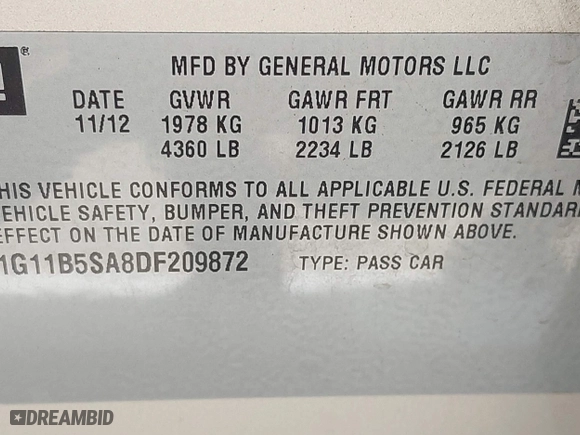 2013 Chevrolet Malibu LS with VIN 1G11B5SA8DF209872, listed as a IAAI auction lot 42034809 with 118,563 mi miles. Bid and sale history available at carsss.com. Image 9.