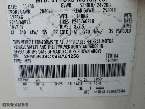 2009 Ford Edge Limited with VIN 2FMDK39CX9BA61258, listed as a Copart auction lot 45456065 with 181,537 mi miles and Salvage Title. Bid and sale history available at carsss.com. Image 13.