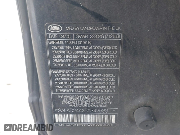 2005 Land Rover LR3 с VIN SALAD244X5A342583, выставлен на аукционе IAAI как лот 41685751 с пробегом 142 749 миль миль и . История ставок и продаж доступна на DreamBid. Изображение 9.