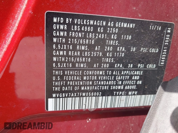 2015 Volkswagen Tiguan SE z VIN WVGBV7AX7FW056002, wystawiony jako IAAI lot #42122641 z przebiegiem 77 037 mil mil oraz . Historia ofert i sprzedaży dostępna na DreamBid. Obrazek 9.